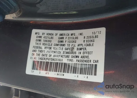 2013 Honda Accord Ex-L z USA, uszkodzony, nr VIN 1HGCR2F87DA037656